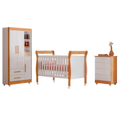 Quarto de Bebê Completo Zara 100% Mdf 3 Portas 6 Gavetas Branco/Amadeirado 5428 - Tigus Baby