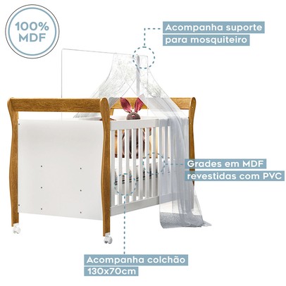 Quarto de Bebê Completo Zara 100% Mdf 3 Portas 6 Gavetas Branco/Amadeirado 5428 - Tigus Baby