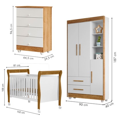 Quarto de Bebê Completo Zara 100% Mdf 3 Portas 6 Gavetas Branco/Amadeirado 5428 - Tigus Baby