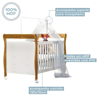 Quarto de Bebê Completo Zara 100% Mdf 3 Portas 6 Gavetas Branco/Amadeirado 5429 - Tigus Baby