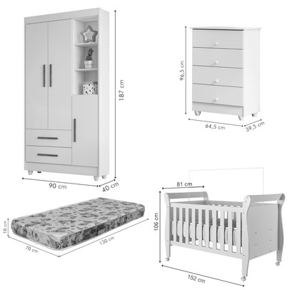 Quarto de Bebê Completo Zara 100% Mdf 3 Portas 6 Gavetas Branco/Amadeirado 5429 - Tigus Baby