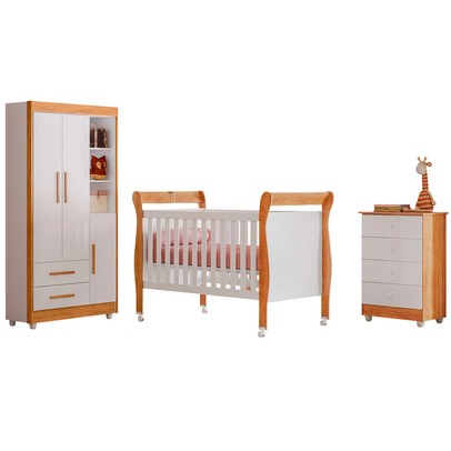 Quarto de Bebê Completo Zara 100% Mdf 3 Portas 6 Gavetas Branco/Amadeirado 5429 - Tigus Baby