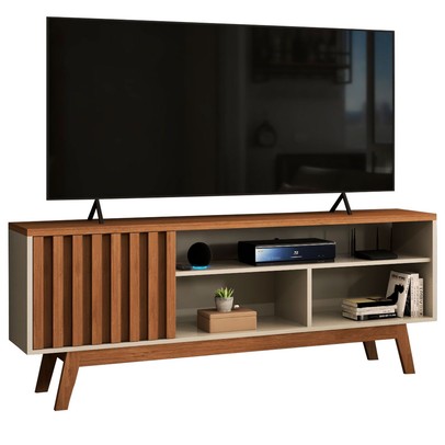 Rack para TV Até 55 Polegadas Ripado Hungria Retrô 1 Porta 1 Prateleira Off White/Freijó - Panorama Móveis