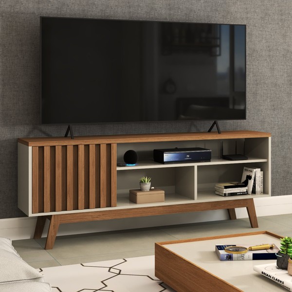 Rack para TV Até 55 Polegadas Ripado Hungria Retrô 1 Porta 1 Prateleira Off White/Freijó - Panorama Móveis