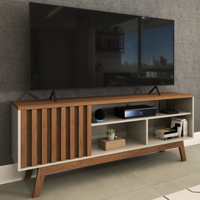 Rack para TV Até 55 Polegadas Ripado Hungria Retrô 1 Porta 1 Prateleira Off White/Freijó - Panorama Móveis