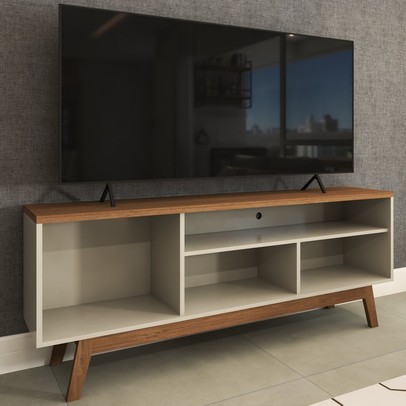 Rack para TV Até 55 Polegadas Ripado Hungria Retrô 1 Porta 1 Prateleira Off White/Freijó - Panorama Móveis