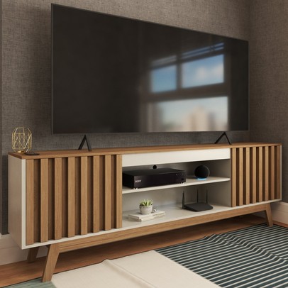 Rack para TV Até 60 Polegadas Ripado Seattle Retrô 2 Portas 1 Prateleira Off White/Freijó - Panorama Móveis