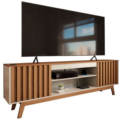 Rack para TV Até 60 Polegadas Ripado Seattle Retrô 2 Portas 1 Prateleira Off White/Freijó - Panorama Móveis