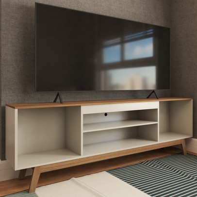 Rack para TV Até 60 Polegadas Ripado Seattle Retrô 2 Portas 1 Prateleira Off White/Freijó - Panorama Móveis