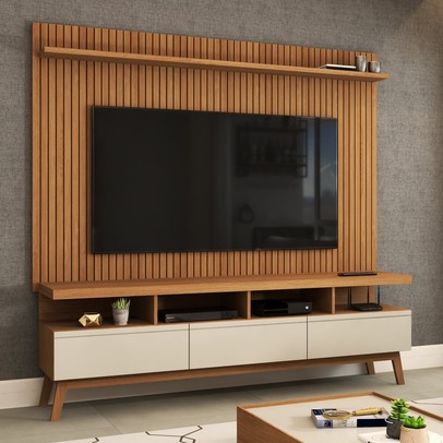 Rack com Painel para TV Até 72 Polegadas Ripado Urban 3 Gavetas Off White/Freijó - Panorama Móveis