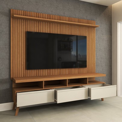 Rack com Painel para TV Até 72 Polegadas Ripado Urban 3 Gavetas Off White/Freijó - Panorama Móveis