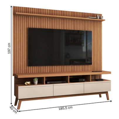 Rack com Painel para TV Até 72 Polegadas Ripado Urban 3 Gavetas Off White/Freijó - Panorama Móveis