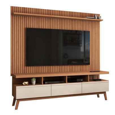 Rack com Painel para TV Até 72 Polegadas Ripado Urban 3 Gavetas Off White/Freijó - Panorama Móveis