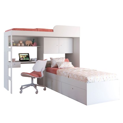 Beliche Atacama 6 Portas 1 Gaveta com Escada Cama Alta e Bancada de Estudo Branco - Panorama Móveis
