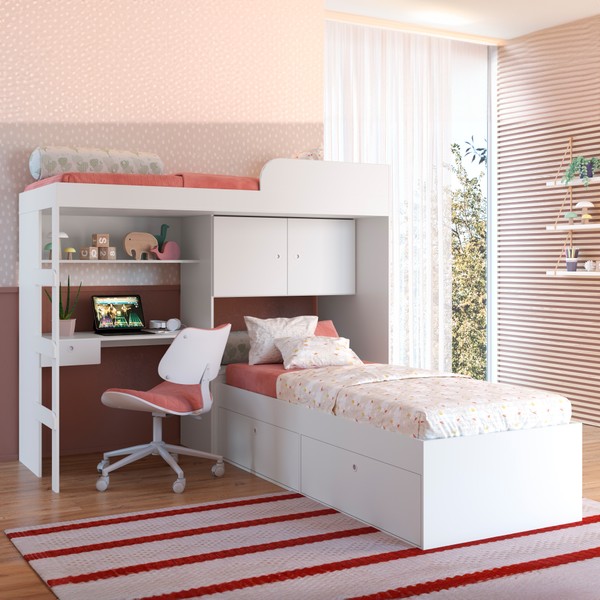 Beliche Atacama 6 Portas 1 Gaveta com Escada Cama Alta e Bancada de Estudo Branco - Panorama Móveis