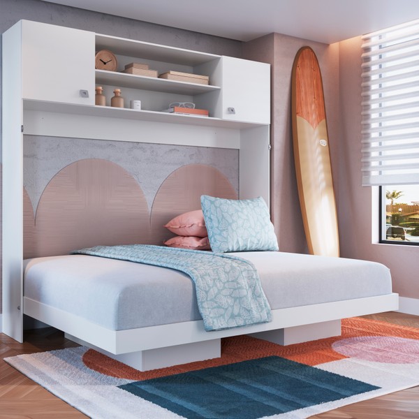 Cama de Casal Horizontal Articulável 2 Portas com Armário Aéreo Branco - Panorama Móveis