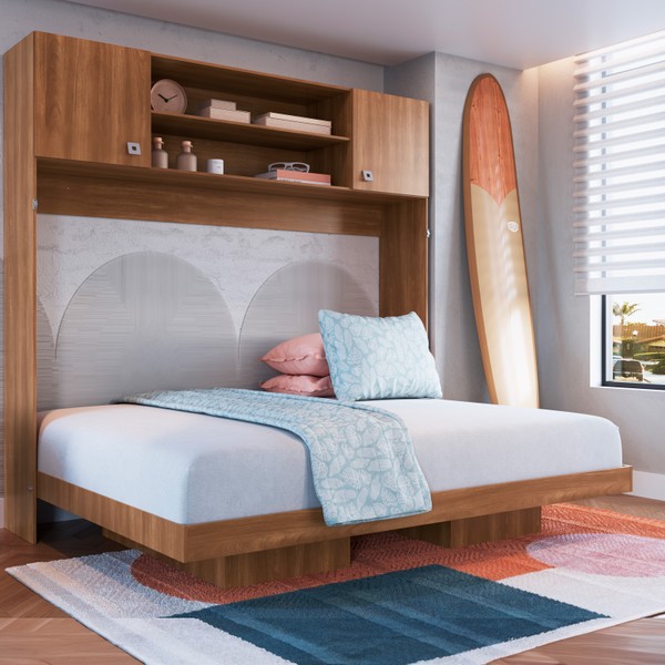 Cama de Casal Horizontal Articulável 2 Portas com Armário Aéreo Nogal - Panorama Móveis