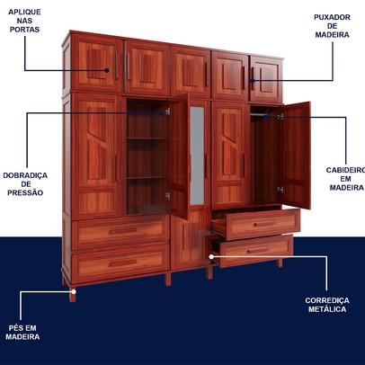 Guarda-Roupa Casal Campo Grande 10 Portas 4 Gavetas com Espelho Madeira Maciça Mel - Rodmoveis