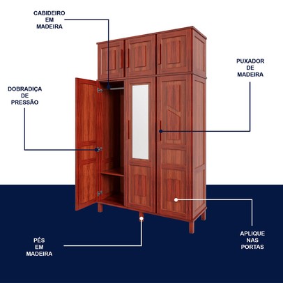 Guarda-Roupa Solteiro Campo Grande 6 Portas com Espelho Madeira Maciça Mel - Rodmoveis