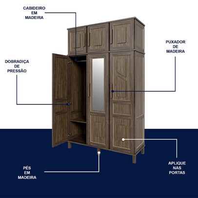 Guarda-Roupa Solteiro Campo Grande 6 Portas com Espelho Madeira Maciça Imbuia - Rodmoveis