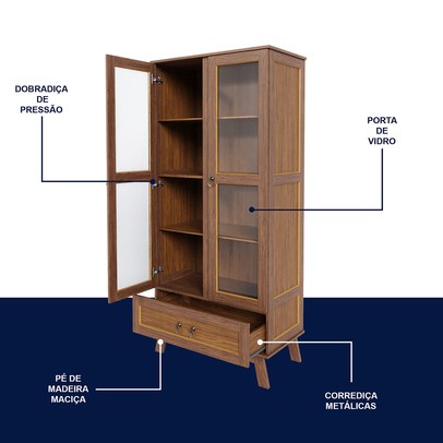 Cristaleira Roma 2 Portas 1 Gaveta Madeira Maciça Ypê - Rodmoveis
