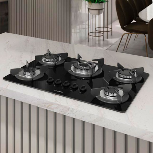 Cooktop 5 Bocas Safe Tripla Chama Vidro Preto 27001601 - Fogatti