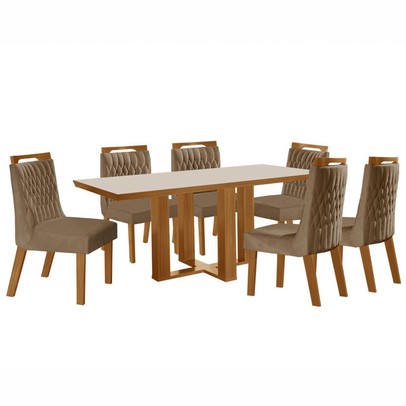 Mesa de Jantar 6 Lugares Lottus com Vidro Cinamomo/Pena Caramelo - Lj Móveis