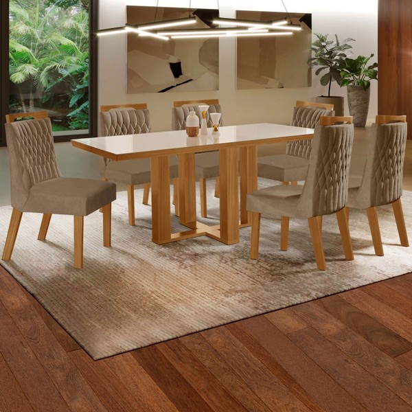 Mesa de Jantar 6 Lugares Lottus com Vidro Cinamomo/Pena Caramelo - Lj Móveis
