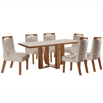 Mesa de Jantar 6 Lugares Lottus com Vidro Prêmio/Pena Bege - Lj Móveis
