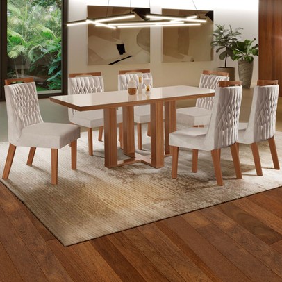 Mesa de Jantar 6 Lugares Lottus com Vidro Prêmio/Pena Bege - Lj Móveis