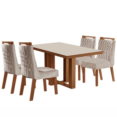 Mesa de Jantar 4 Lugares Lottus com Vidro Prêmio/Pena Bege - Lj Móveis