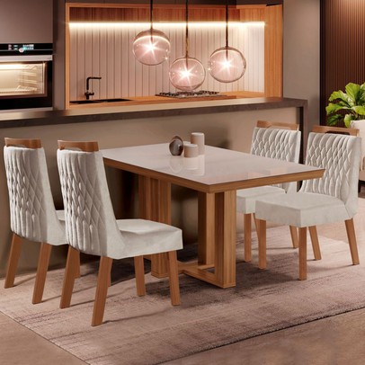 Mesa de Jantar 4 Lugares Lottus com Vidro Prêmio/Pena Bege - Lj Móveis