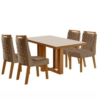 Mesa de Jantar 4 Lugares Lottus com Vidro Cinamomo/Pena Caramelo - Lj Móveis