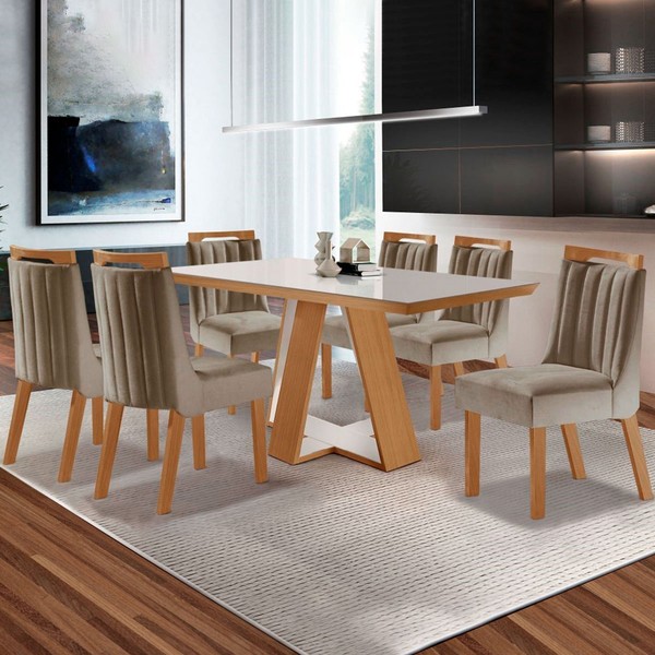 Mesa de Jantar 6 Lugares Viena com Vidro Cinamomo/Off White/Capuccino - Lj Móveis
