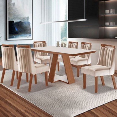 Mesa de Jantar 6 Lugares Viena com Vidro Prêmio/Off White/Creme - Lj Móveis