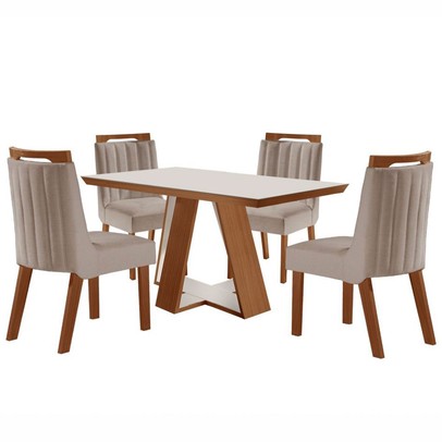 Mesa de Jantar 4 Lugares Viena com Vidro Prêmio/Off White/Linho Bege - Lj Móveis