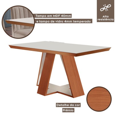 Mesa de Jantar 4 Lugares Viena com Vidro Prêmio/Off White/Linho Bege - Lj Móveis