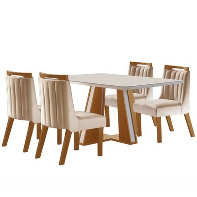 Mesa de Jantar 4 Lugares Madri com Vidro Cinamomo/Off White/Creme - Lj Móveis