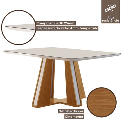 Mesa de Jantar 4 Lugares Madri com Vidro Cinamomo/Off White/Creme - Lj Móveis