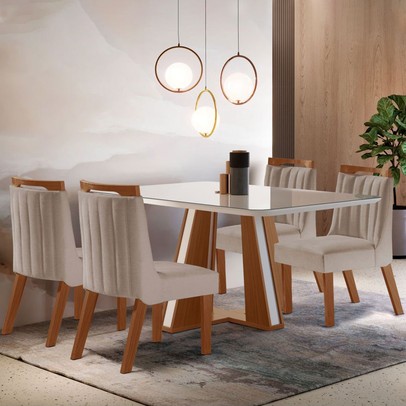 Mesa de Jantar 4 Lugares Madri com Vidro Premio/Off White/Linho Bege - Lj Móveis