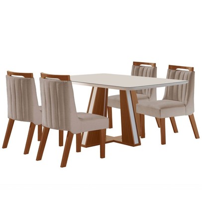 Mesa de Jantar 4 Lugares Madri com Vidro Premio/Off White/Linho Bege - Lj Móveis