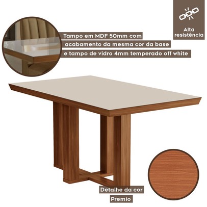 Mesa de Madeira Lottus 120cm com Vidro Prêmio/Off White - Lj Móveis