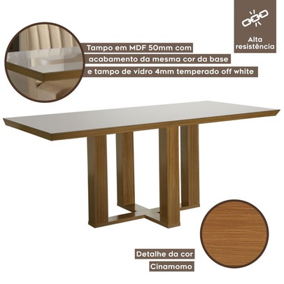 Mesa de Madeira Lottus 160cm com Vidro Cinamomo/Off White - Lj Móveis