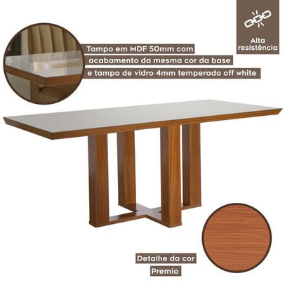 Mesa de Madeira Lottus 160cm com Vidro Prêmio/Off White - Lj Móveis