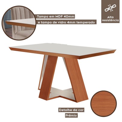 Mesa de Madeira Viena 120cm com Vidro Prêmio/Off White - Lj Móveis