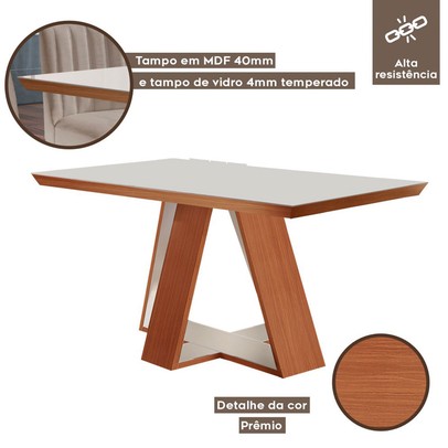 Mesa de Madeira Viena 160cm com Vidro Prêmio/Off White - Lj Móveis