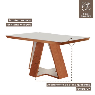 Mesa de Madeira Viena 160cm com Vidro Prêmio/Off White - Lj Móveis