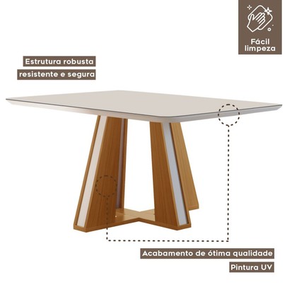 Mesa de Madeira Madri 135x90cm com Vidro Cinamomo/Off White - Lj Móveis