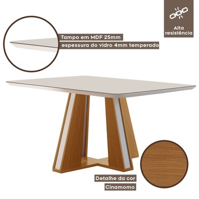 Mesa de Madeira Madri 135x90cm com Vidro Cinamomo/Off White - Lj Móveis