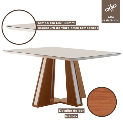 Mesa de Madeira Madri 135x90cm com Vidro Premio/Off White - Lj Móveis